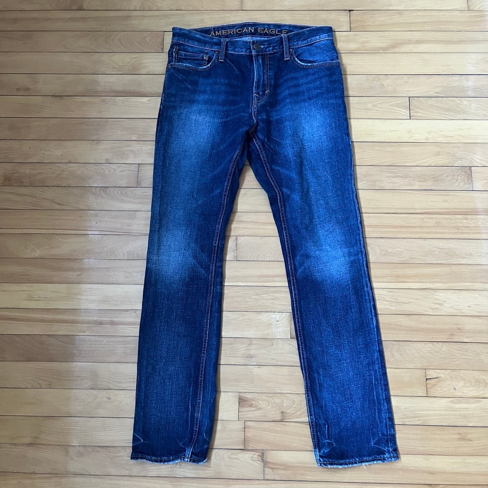American Eagle Mens Slim Straight Dark Wash Denim Jeans Blue 32x34 Cotton